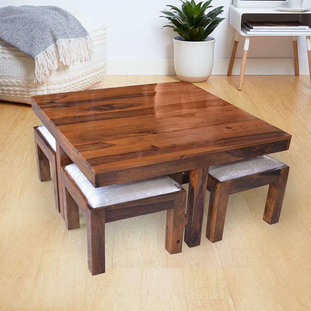 Sheesham Wood Coffee Table with 4 Stool