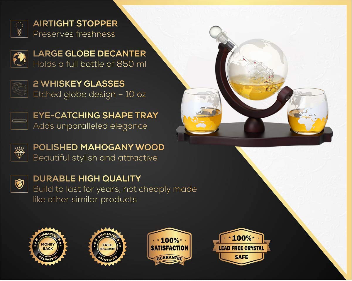 Whiskey Globe Decanter Set with 2 Glasses